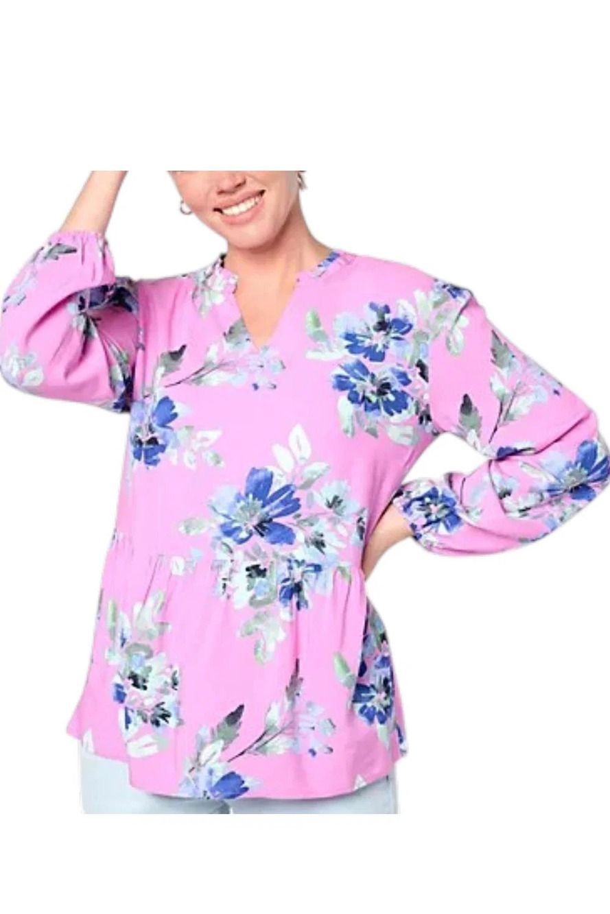 Denim & Co. Women's Printed Blouse with Smocked Cuff Drk Orchid - Regular